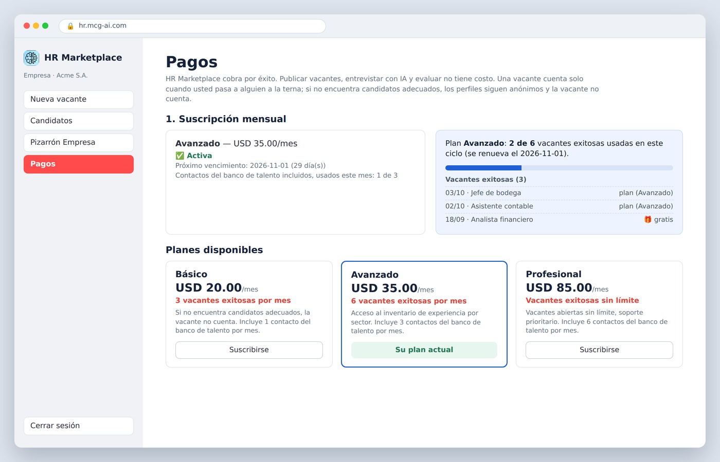 Pantalla de pagos con los planes